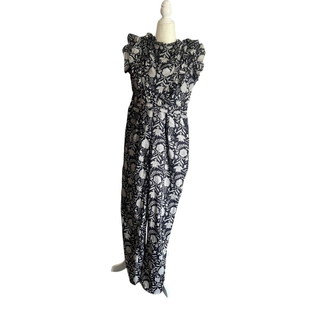 Cleobella block printed cotton floral jumpsuit navy/white M